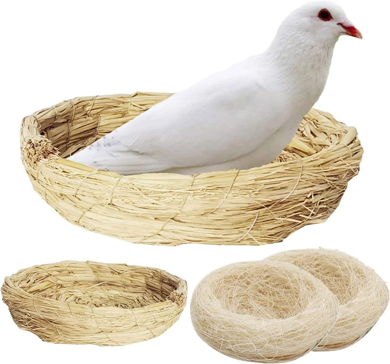 Photo 1 of Fhiny Handmade Woven Bird Spawning Nest with Coconut Fiber Liner Flat Base Straw Bird Nest Bed Hatch Roosting for Dove Pigeon Parrot Turtle Quail Macaw Cuckoo Sparrow