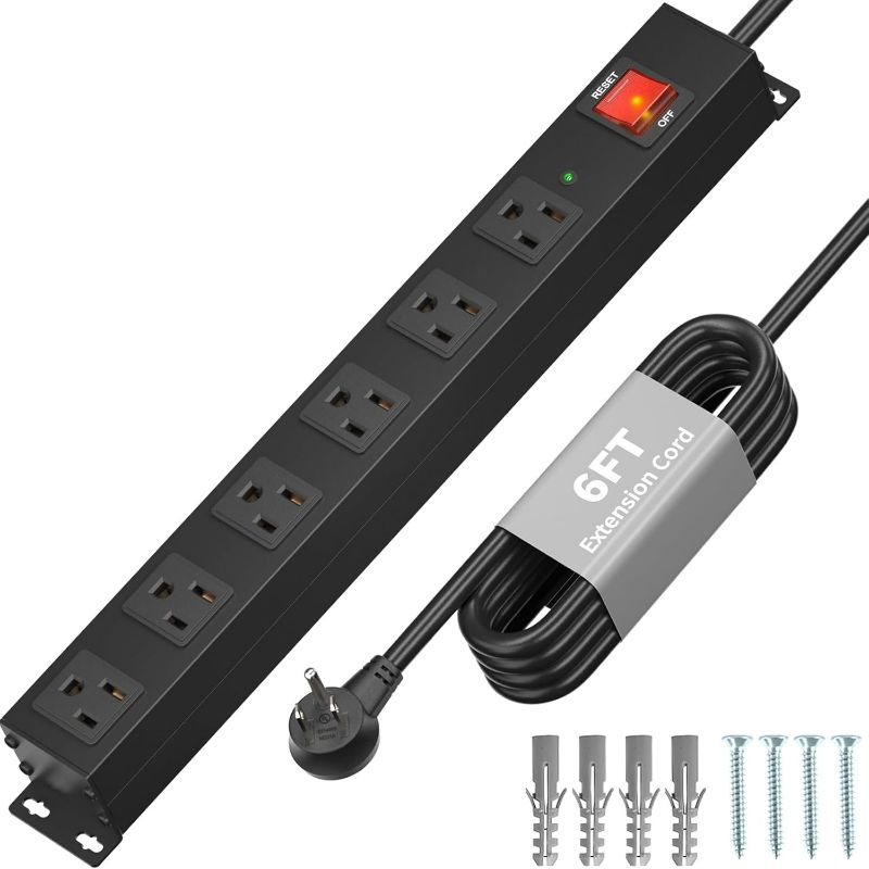 Photo 1 of KF 6 Outlet Power Strip Surge Protector, Heavy Duty Wide Spaced Power Strip with 2200J Surge Protection, 15A/1875W Wall Mount Power Strip with Upgraded Switch, 14AWG 6FT Extension Cord, Black