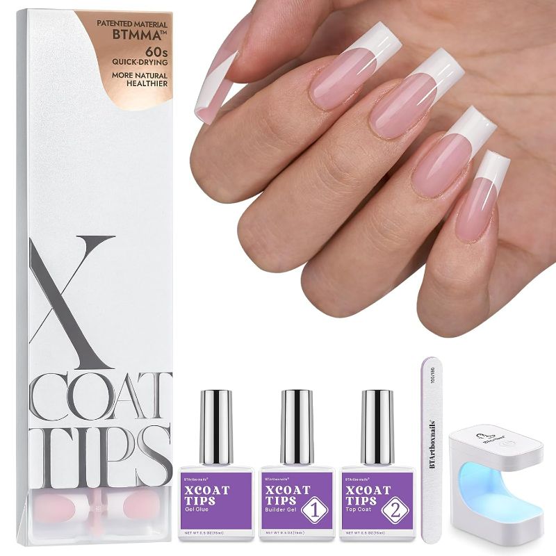 Photo 1 of btartboxnails XCOATTIPS French Tip Nails - Long Square Nail Tips with Nail Gel, French Protecing Duo, Nail Lamp, All in One Soft Gel French Tip Press on Nails Gel Extension