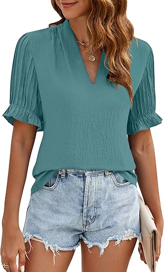 Photo 1 of (XL) Blooming Jelly Womens V Neck Dressy Casual Blouses Summer Trendy Tops Short Sleeve Shirts 2024 color ( Turquoise) size (XL)