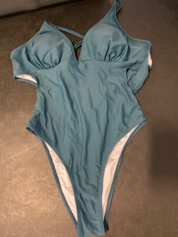 Photo 2 of (L) CUPSHE Women Crisscross Back Ruched One Piece Swimsuit Cut Out V Neck High Cut Thin Straps Bathing Suit color (teal) size (L)