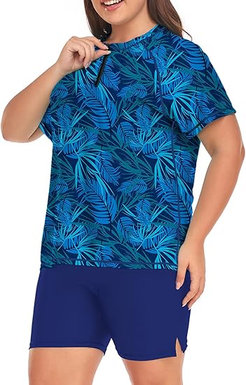 Photo 1 of (5XL) Inno 2 Piece Plus Size Rash Guard for Women, Short Sleeve with Boyshorts UPF 50+ Surfing Swimwear color (floral) size (5XL)