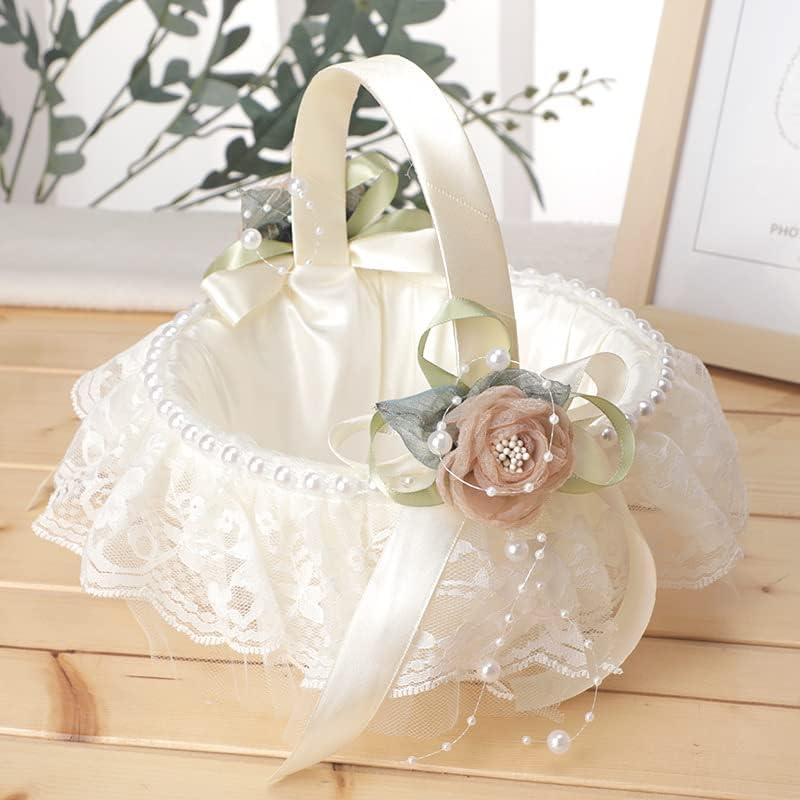 Photo 1 of Ivory Wedding Flower Girl Basket Decorated with Lace Pearl Romantic Wedding Flower Girl Petals Storage Basket Elegant Flower Girl Baskets for Weddings