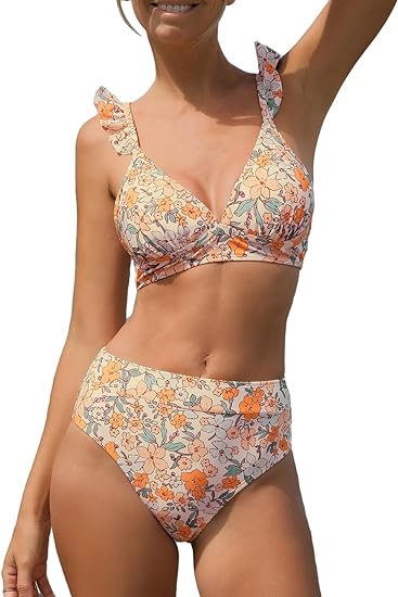 Photo 1 of (S) CUPSHE Women Bikini Sets 2 Piece Swimsuit High Waisted Bottom Floral Print Ruffle V Neck Bathing Suits size (small )