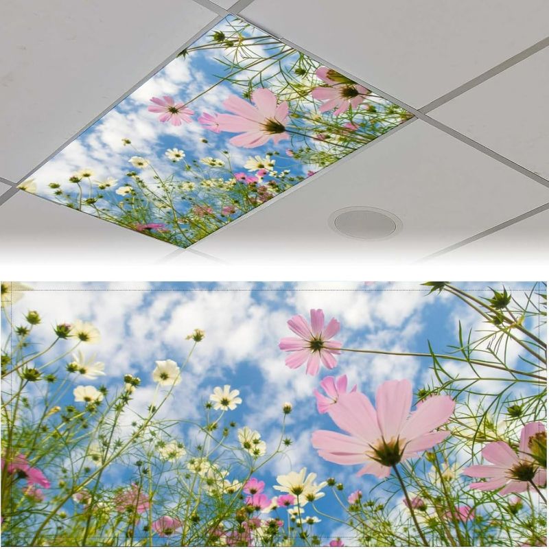 Photo 1 of 2Pcs Fluorescent Light Covers,Sky Flowers Magnetic Light Cover, Ceiling Light Cover Classroom Light Filters Cubicle Light Shield for Classroom Office Home, 2 x 4 ft