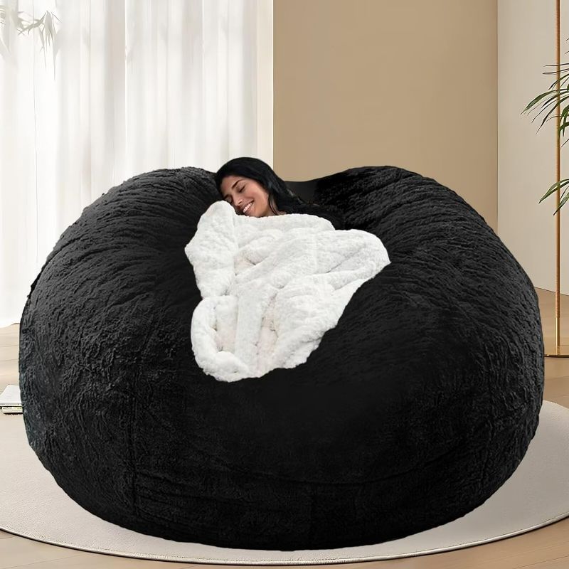 Photo 1 of BCU Oversized Bean Bag Cover Comfy Beanbag Chair for Adults Without Filler Faux Fur Lazy Sofa Cover for Living Room Chairs, Black, 5FT