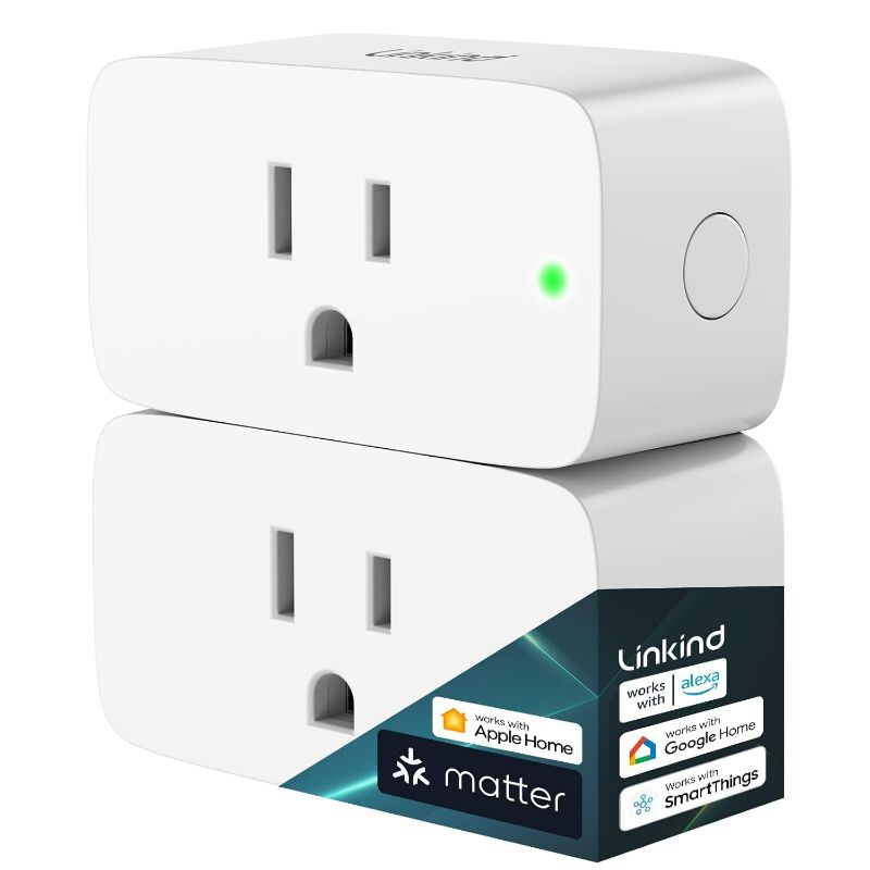 Photo 1 of Linkind Matter Smart Plug, Work with Apple Home, Siri, Alexa, Google Home, SmartThings, Smart Outlet 15A/1800W Max, Smart Home Automation, APP Remote Control,Timer&Schedule, 2.4G Wi-Fi Only, 2 Pack