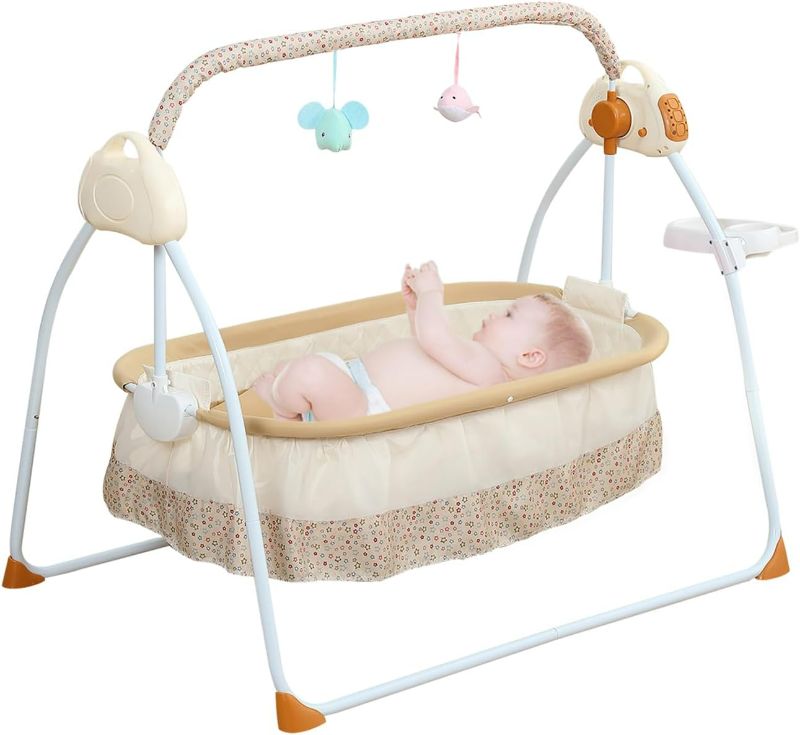 Photo 1 of Foldable Baby Cradle Swing, Bluetooth Electric Auto-Swing Baby Cradle Crib, Adjustable 5 Speed Infant Rocking Chair Bed with Remote Control for 0-18 Months Newborn