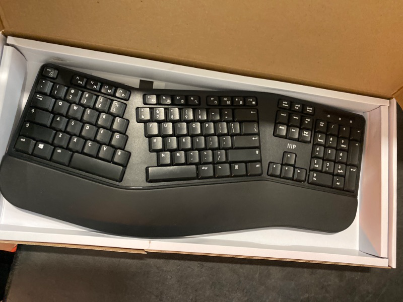 Photo 2 of Monoprice Ergonomic Wireless Split 105-Key Keyboard, 2.4GHz Wireless, 13 Multimedia Hotkeys Functions, Auto?Power Save Mode, Built?in Wrist Cushion Support