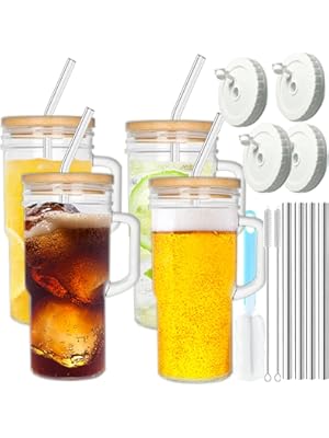 Photo 1 of Clear Glass Tumbler with Straws and Lids,4 Pack 24oz Drinking Mason Jar Cups with Handle,Bamboo Lids and Stainless Steel Glass Straw,Silicone Cup Cover,for Iced Coffee,Smoothies,Beer,Juice