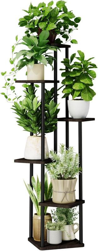 Photo 1 of 6 Tiered Plant Stand Indoor Corner Plant Shelf for Multiple Plants for Patio Garden Balcony Living Room Bedroom, Tall Metal Flower Pots Stand Relaxing for Women Gift Black Oak