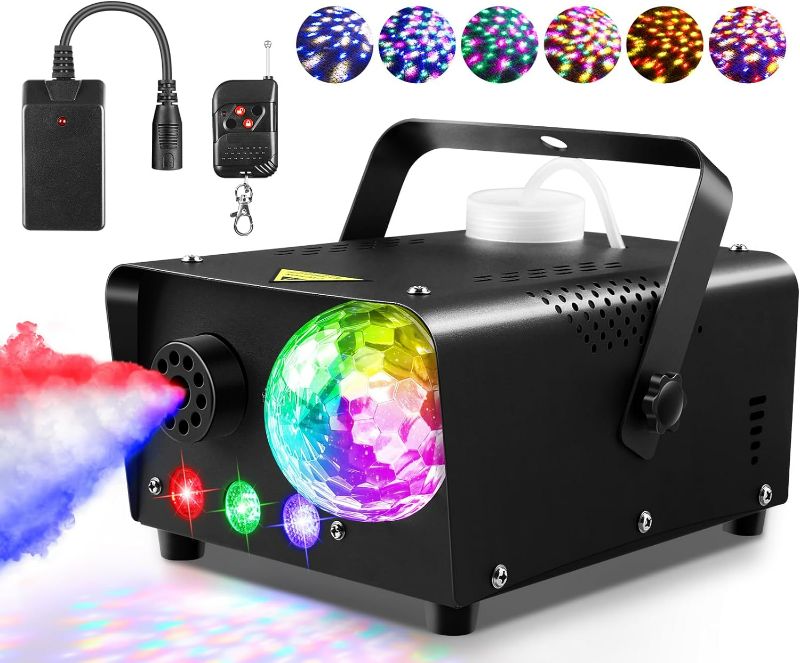 Photo 1 of Fog Machine, Outerman Smoke Machine with 3 Color LED Lights and Disco Ball Light, Wireless Remote Control, 600W Power and 2300CFM Fog Output, Perfect for Parties, Clubs, Stage and Halloween