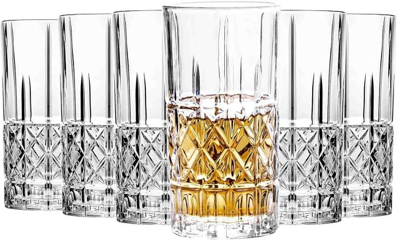 Photo 1 of Tall Highball Glasses Set of 5, 14 Ounce Cups, Textured Designer Glassware for Drinking Water, Beer, or Soda, Trendy and Elegant Dishware, Dishwasher Safe