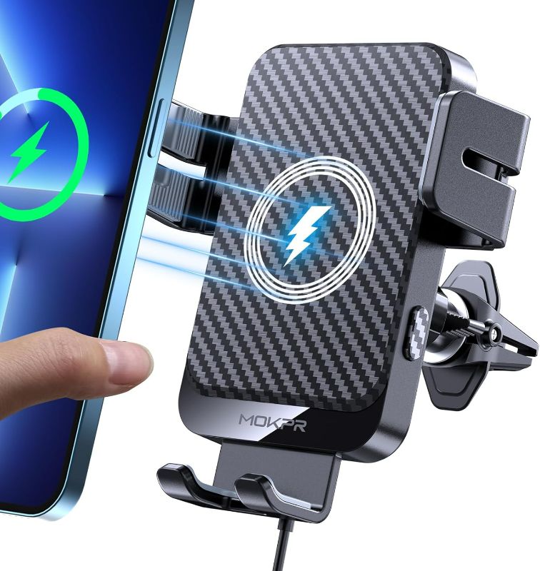 Photo 1 of Wireless Car Charger, MOKPR 15W Fast Charging Auto-Clamping Car Charger Phone Mount Air Vent Cell Phone Holder Compatible iPhone 16/15/14/13/13 Pro/12 pro/12/11, Samsung Galaxy S23/S22/S21/S20, etc