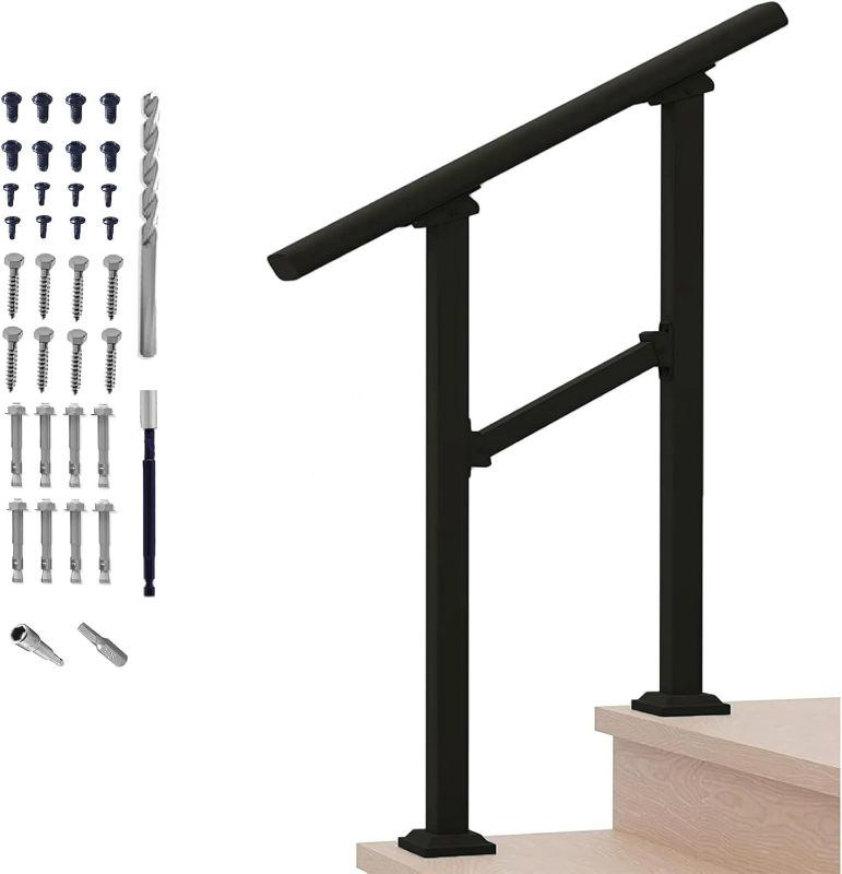 Photo 1 of Hand Rails for Outdoor Steps,2 Step Stair Handrail & Indoor Stair Railing Kit?Black Railings for Outdoor Steps and Hand Rails for Seniors for Porch Railing & Deck Hand Rail(1-2 Step)