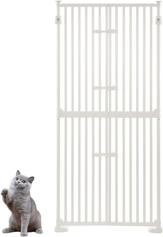 Photo 1 of unipaws 74 Inch High Extra Tall Cat Gate with Doors Locks Narrow Bar Spacing, Pressure Mounted 6 to 8 Feet Tall Adjustable Pet Gate, Cat Door Way Indoor Use, White