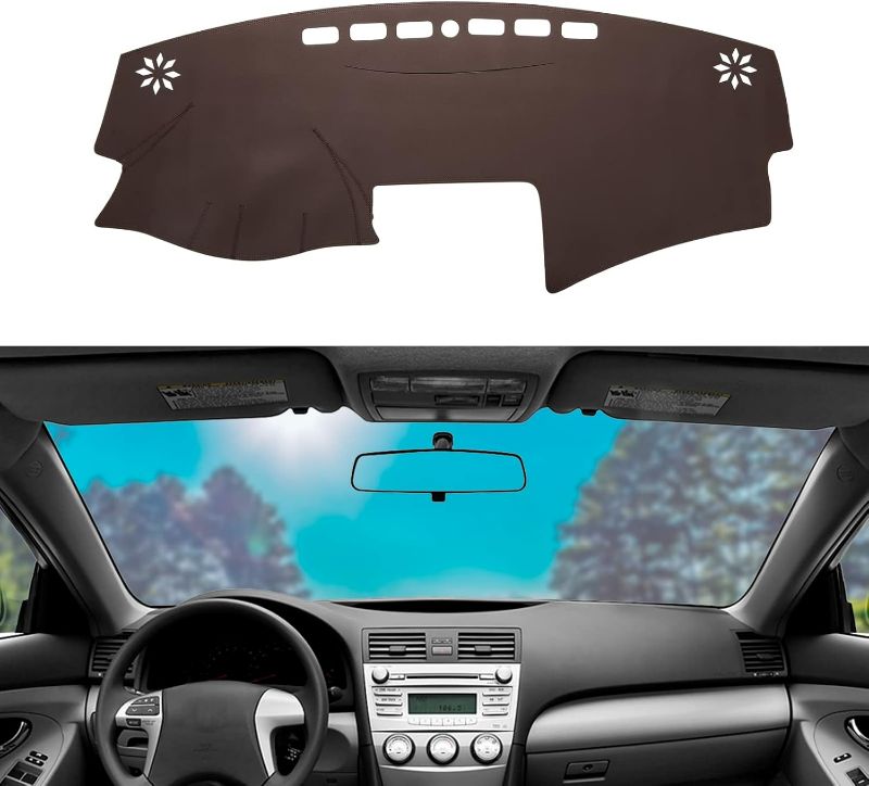 Photo 1 of Dashboard Dash Mat Cover Leather Dashboard Pad Sun Protection Anti-Vertigo Mat Blanket Compatible for 2007-2011 Toyota Camry(Brown)