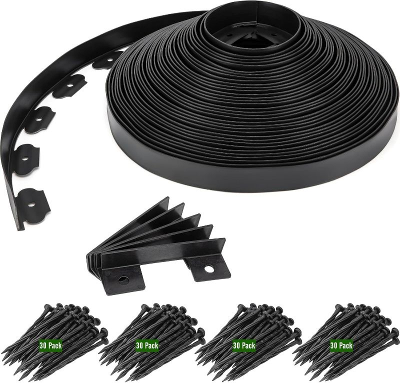 Photo 1 of No-Dig Landscape Edging Kit, Landscape Edging 100 FT, No Dig Landscape Edging 1.6 Inch Tall, Includes 120 Anchoring Stakes for Landscaping, Flower Gardens, and Lawn - Black