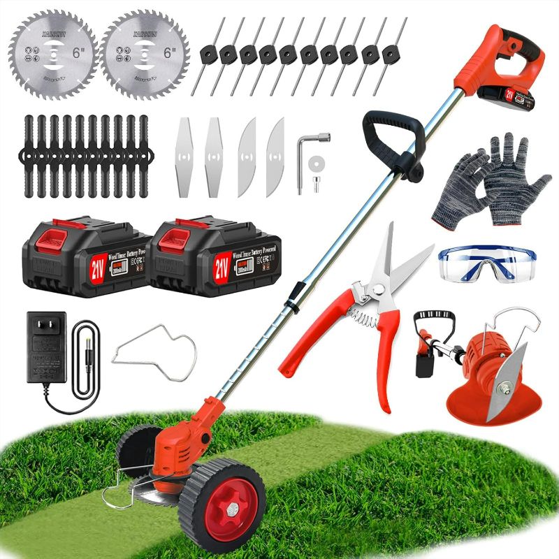 Photo 1 of Cordless  Wacker Electric Weed Trimmer Battery Powered with 26pcs Blades & 2 Batteries & Charger & Wheels, Push Lightweight Wheeled No String Grass Trimmer/String Trimmer/Lawn Edger/Brush Cutter