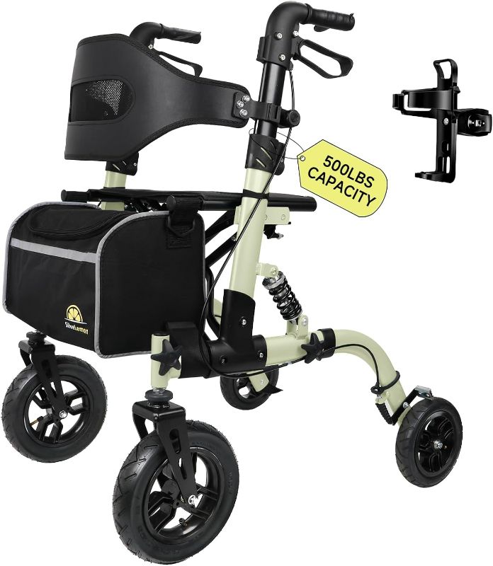 Photo 1 of 500lbs Walkers for Seniors Foldable, Heavy Duty Tall Walker with Seat, 10" Front Rubber Wheels, Outdoor Rollator All Terrain, Folding Walker, Cup and Cane Holder, Fits Height 5'6" ~ 7'5", Champagne