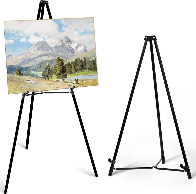 Photo 1 of PUJIANG 63" Aluminum Easel Stand for Sign, Large Collapsible Easels for Display Posters/Whiteboard, Adjustable Height Artist Easel for Painting- Floor/Tabletop, Holds 25 lbs,1pcs