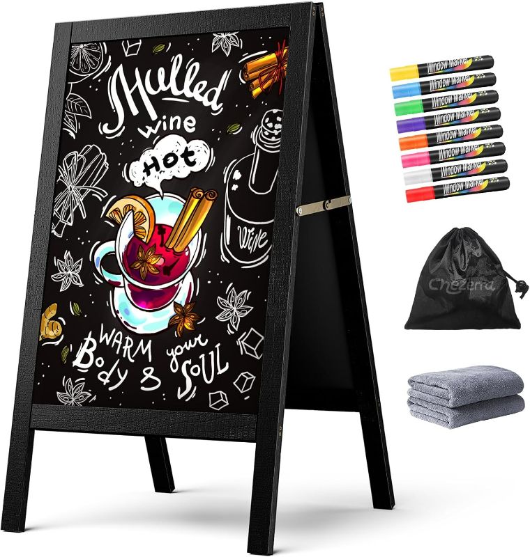 Photo 1 of A Frame Chalkboard Sign, 40"x20" Extra Large Sidewalk Chalk Board, Wooden Standing ChalkBoards Set with Markers, Double-Sided Magnetic Blackboard for Cafés, Weddings, Party Guide, Black