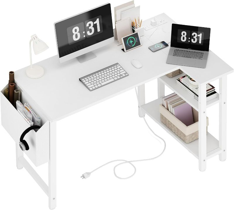 Photo 1 of Lufeiya White L Shaped Computer Desk with Power Outlet Shelves, 40 Inch Small Corner Desk for Small Space Home Office, L-Shaped Desk PC Desks, White