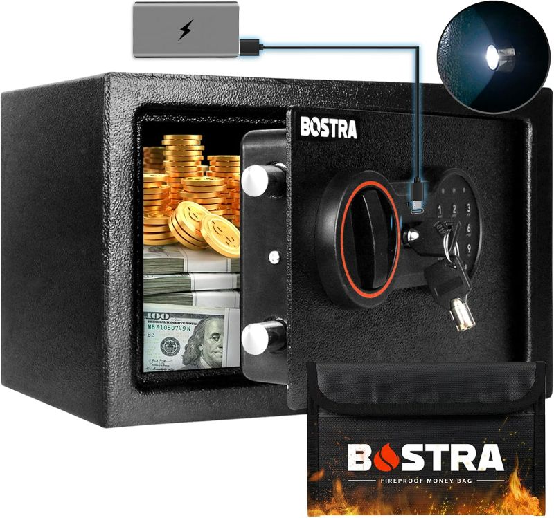 Photo 1 of Bostra Fireproof Safe Box with Sensor Light & Fireproof Bag, Money Safe Box with Digital Keypad,Security Safe Box for Home, 0.5 Cubic Small Safe with Keys & Pass Code for Cash Jewelry