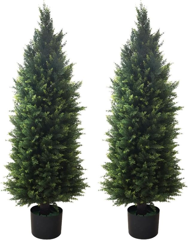 Photo 1 of Artificial Topiary Tree 2-Set - Beautiful Realistic Faux Cedar Pines, 4 Feet Tall, UV Protection for Longer Life, 6" Wide Heavy Duty Pots for Outdoor & Indoor Decor