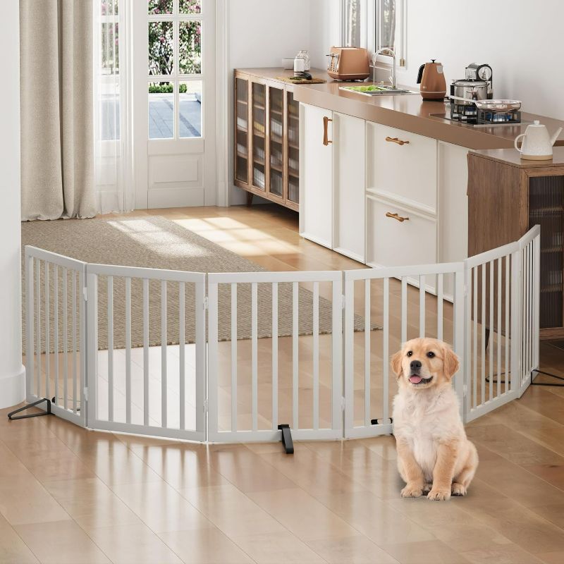 Photo 1 of Dog Gate, Freestanding Dog Gates for Doorways, Foldable Dog Gate Indoor, Pet Gates for Doorways Bedroom, Puppy Gate with Metal Support Feet, Room Divider 6 Panels (White)