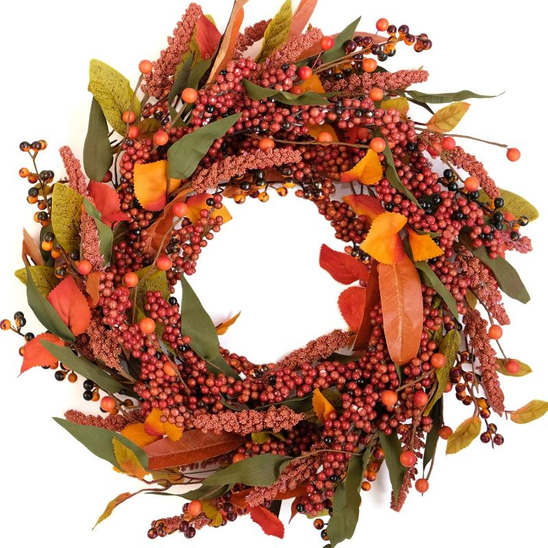 Photo 1 of Bibelot Fall Wreath Artificial Berry Wreath Green Leaves for Front Door Autumn Wreaths Farmhouse Home Office Wedding Party Wall Decor … (Berry Wreath)