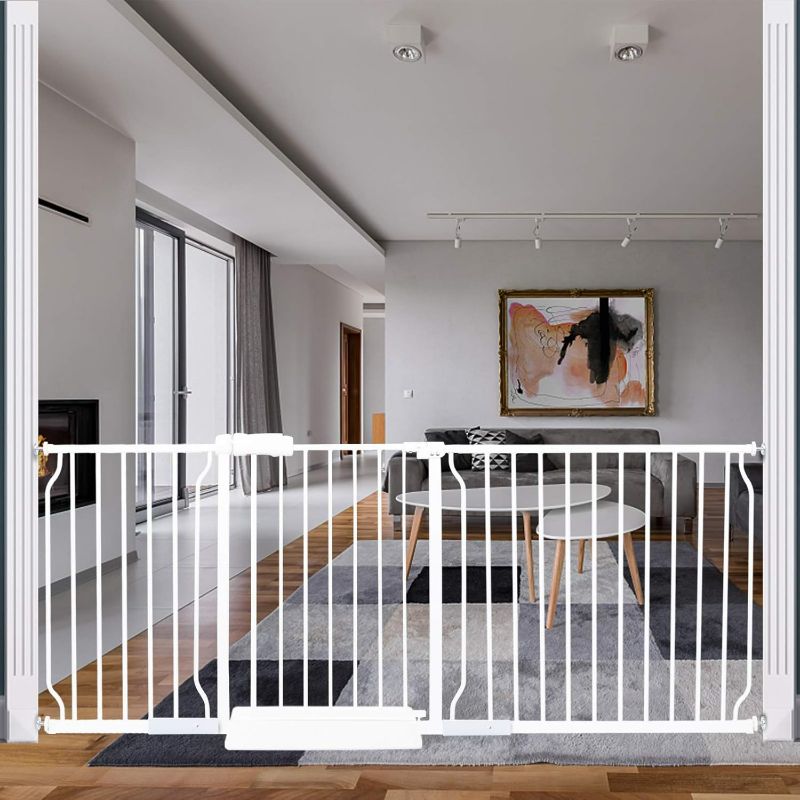 Photo 1 of HOOEN Extra Wide Baby Gate for Doorways Stairs White Pressure Mounted Baby Gate Walk Through Child Gates for Kids or Pets Indoor Safety Gates 71.5-76.38 Inch