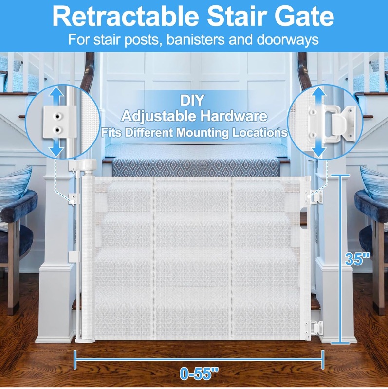 Photo 1 of Reinforced Retractable Baby Gate for Stairs - 55 Inch Dog Gate for Stairs to Keep Kids & Pets from Going Under Stair Gate, Banister Baby Gate with Adjustable Hardware Fits Stair Posts, Doorways, White