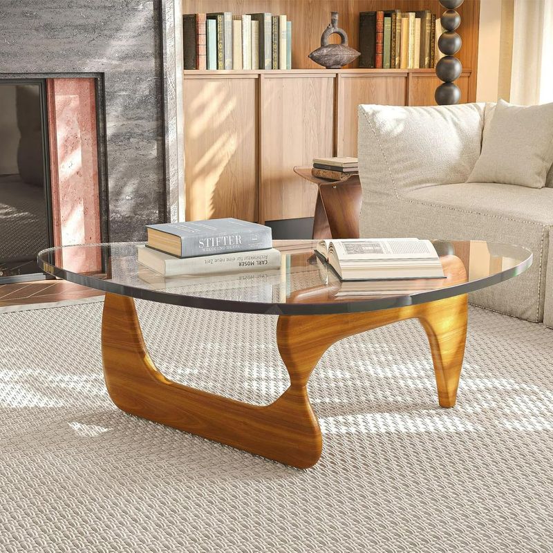 Photo 1 of Modern Coffee Table,Glass Coffee Table for Living Room, Large Unique Wooden Center Table with Wood Legs, Mid Century Triangle Coffee Table, Rustic Vintage Coffee Table (Walnut Transparent, 45in)