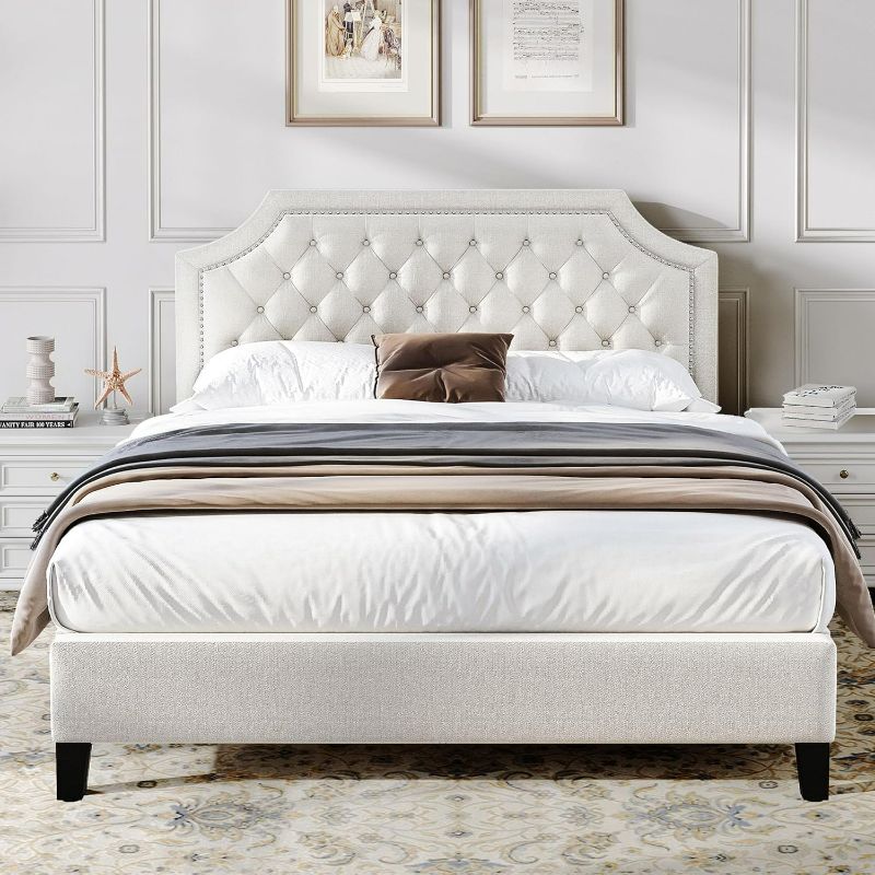 Photo 1 of DWVO Full Size Bed Frame with Adjustable Headboard, Beige Linen Upholstered Platform Bed Frame with Nail Headboard, 12'' Under-Bed Storage Low Profile Bed Frame No Box Spring Needed Hold up to 800lbs