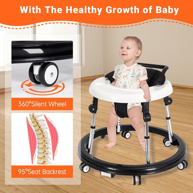 Photo 5 of Baby Walker Foldable with 9 Adjustable Heights, Baby Walkers and Activity Center for Boys Girls Babies 7-18 Months, Baby Walker with Wheels Portable
