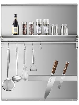 Photo 1 of Range Backsplash, 24"x30" Stainless Steel Backsplash with Storage Shelf & Magnetic Knife Rack, Range Hood Stainless Steel Backsplash for Stove, Range Hood Wall Shield with Pre-Drilled Holes…