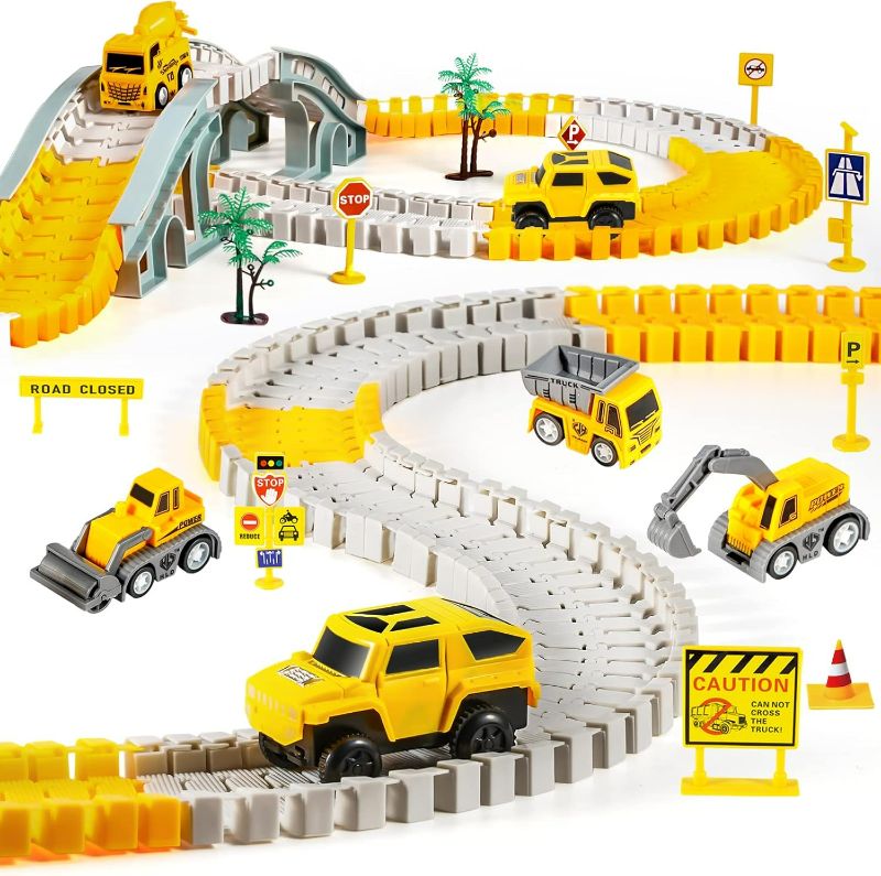 Photo 1 of 260 PCS Construction Race Tracks for Kids Toys, 2 Electric Cars, 4 Construction Cars, 1 Map & Flexible DIY Track Set, Engineering Toys for 3 4 5 6 Year Old Boys Girls