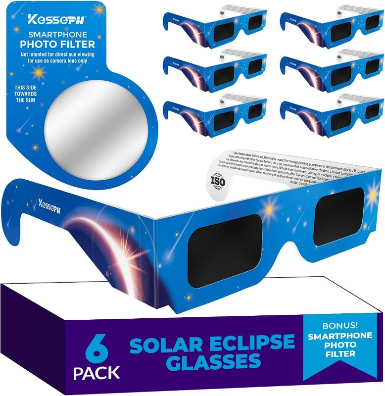 Photo 1 of Solar Eclipse Glasses Approved 2024, 6 Pack Solar Eclipse Observation Glasses CE and ISO Certified, Safe Shades for Direct Sun Solar Eclipse Viewing, Bonus Smartphone Photo Filter Lens