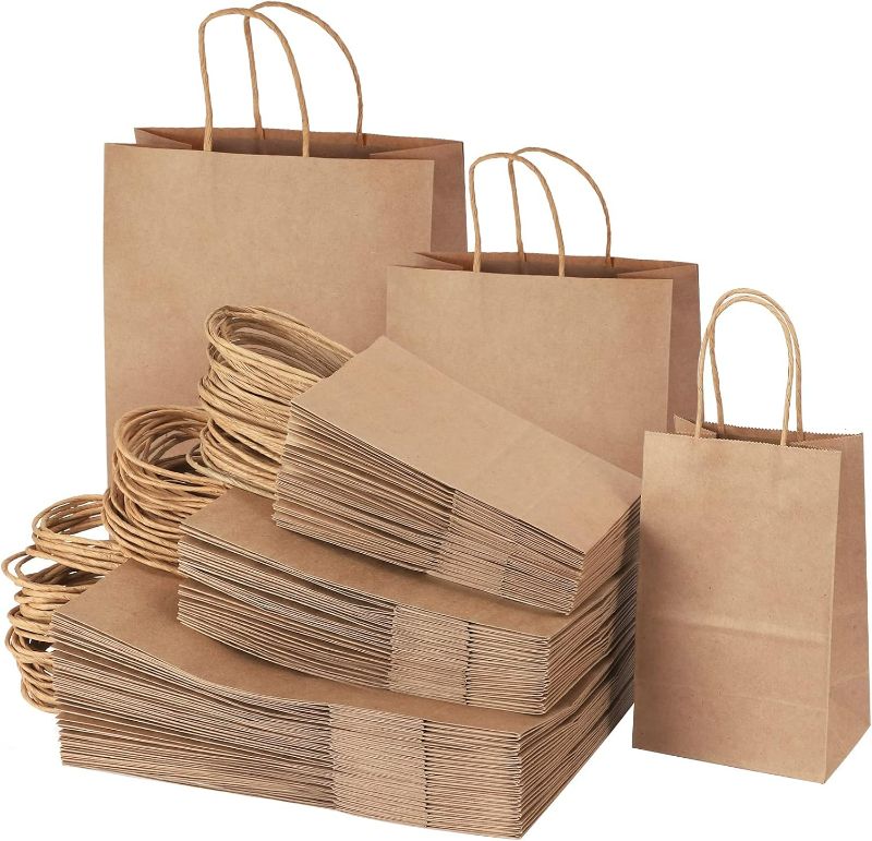 Photo 1 of TOMNK 120pcs Brown Paper Bags with Handles Assorted Sizes Mixed Sizes Bulk Kraft Paper Gift Bags for Business, Shopping, Retail