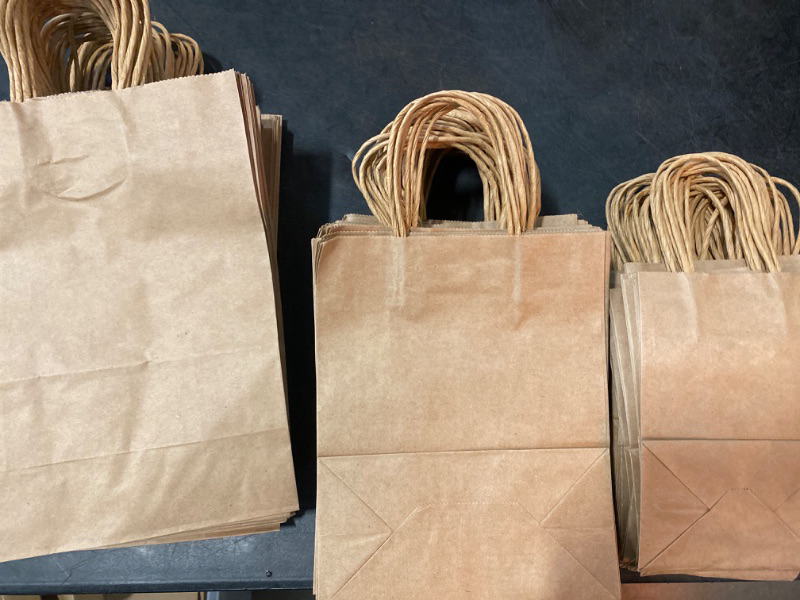 Photo 2 of TOMNK 120pcs Brown Paper Bags with Handles Assorted Sizes Mixed Sizes Bulk Kraft Paper Gift Bags for Business, Shopping, Retail