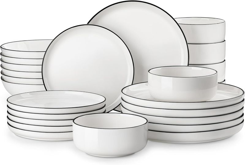 Photo 1 of MALACASA Plates and Bowls Sets, 24 Pieces Modern Porcelain Dinnerware Set for 6 Ceramic Dishware Dishes White Kitchen Dinner Dining Ware Set wtih Black Rim Microwave and Dishwasher Safe, Series LUNA