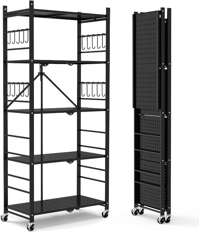 Photo 1 of Himix Storage Shelves with 20 Hooks, 5-Tier Collapsible Organization Storage Rack Bookshelf Folding Pantry Shelves Cube Shelf Wire Shelving Holds 440 Ibs for Garage Kitchen Room