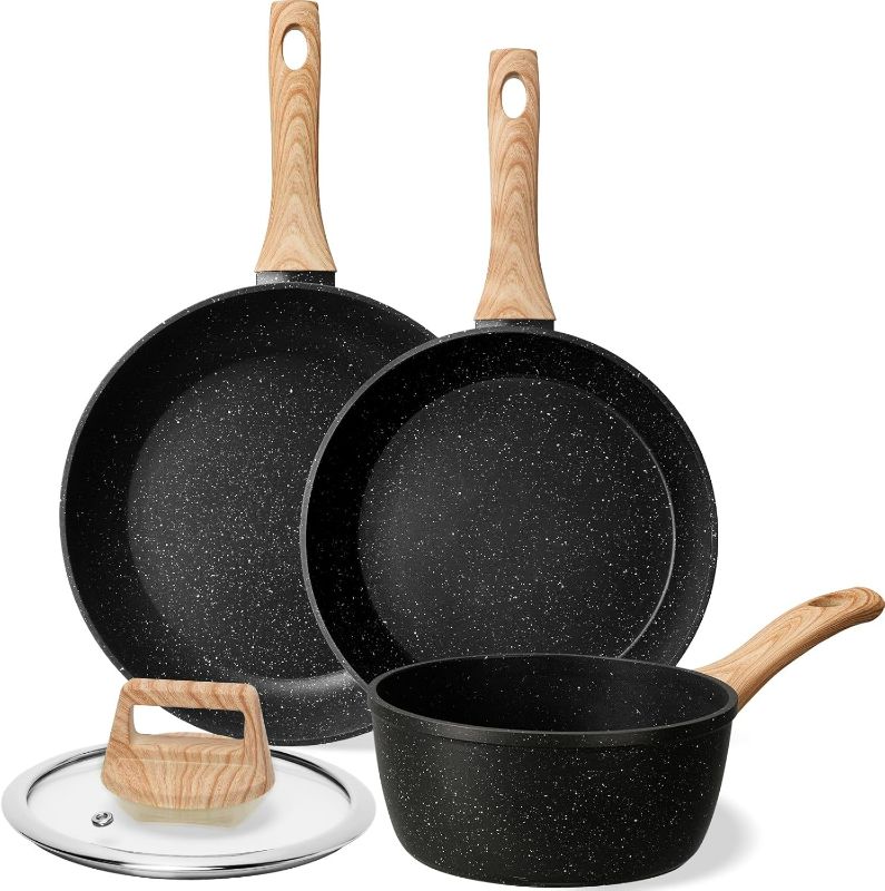 Photo 1 of Kikcoin Pots and Pans Set, 4pcs Kitchen Nonstick Cookware Set Non-toxic Granite Cooking Set with Frying Pans and Saucepan, PTFE PFOA PFOS Free