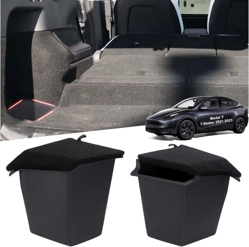 Photo 1 of Tesla Model Y Trunk Organizer Waterproof Rear Storage Bins with Carpeted Lid for 7 Seater Model Y 2021-2023 Trunk Side Storage Box Car Interior Accessories 2 Pack?Before November 2023?