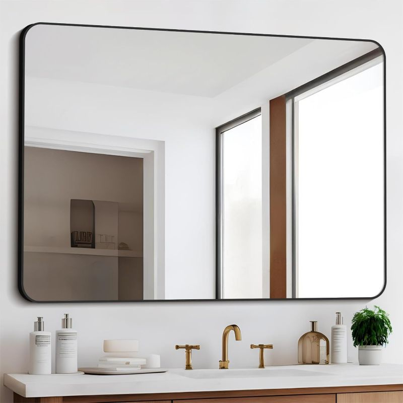 Photo 1 of Bathroom Mirror, 36"x48" Black Rectangle Wall Mirror, Metal Frame Rounded Corner Vanity Mirror, Large Wall Mounted Mirror for Modern Bedroom Living Room Horizontal Or Vertical Mounting