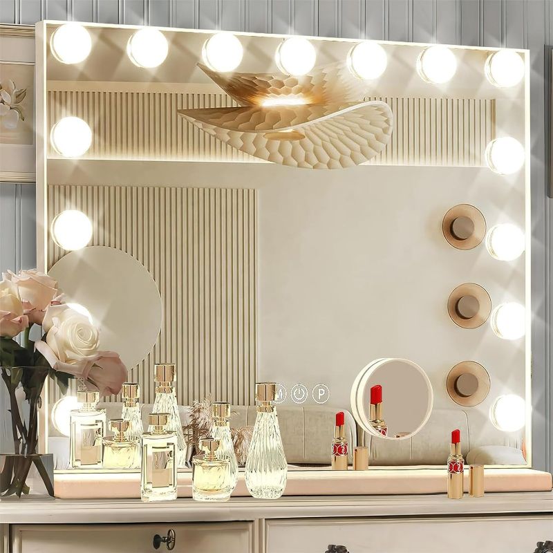 Photo 1 of Hollywood Vanity Mirror with Lights, 23 x 18 Inch Led Vanity Mirror?15 Bulbs?3 Color Lights?Make Up Lighted Mirror, Aluminum Metal Frame,USB Charging Port?23" x 18"?
