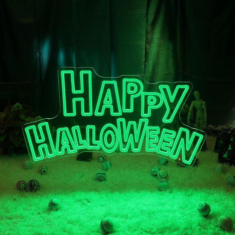 Photo 1 of Halloween Decorations Outdoor Indoor, Happy Halloween Lights Halloween Neon Signs, 26X14 Inches Large Dimmable Neon Signs, Halloween Yard Decor, Halloween Decorations for Home (Green Happy Halloween)