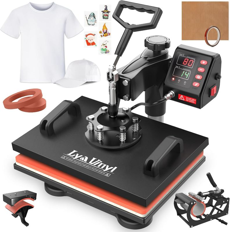 Photo 1 of Heat Press, Lya Vinyl 5 in 1 Heat Press Machine - 12 x 15 inch Combo Swing Away T-Shirt Sublimation Transfer Printer, Including Mug, Hat and Plate Accessories