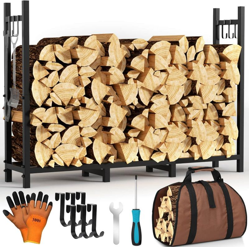 Photo 1 of Firewood Rack Outdoor with Log Carrier, 4ft Fire Wood Racks Outdoor,Fire Wood Storage with Kindling Hooks, Heavy Duty Metal Logs Holder for Fireplace Deck Outdoor indoor